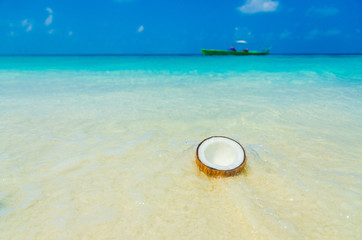 Tropical Sunny beach with coconut on white sand