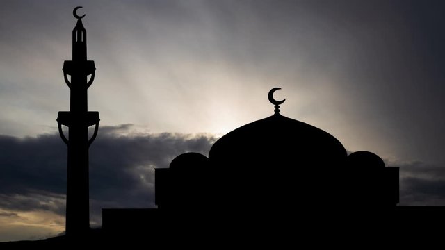 Islamic Cultural Center And Mosque of Rome, Time Lapse at Sunrise with Fast Clouds and Silhouette of Dome and Minaret, Italy