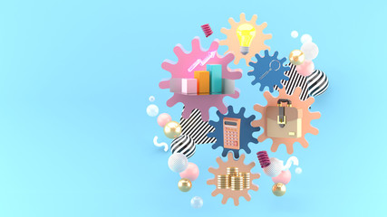 The icon business is on the gear, surrounded by colorful balls on a blue background.-3d rendering.