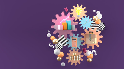 The icon business is on the gear, surrounded by colorful balls on a purple background.-3d rendering.