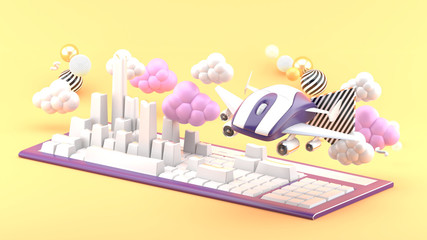 The mouse has wings flying around the keyboard building in the clouds on an orange background.-3d rendering.