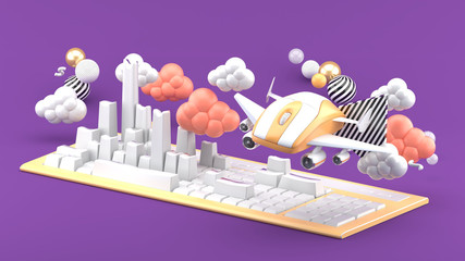 The mouse has wings flying around the keyboard building in the clouds on a purple background.-3d rendering.