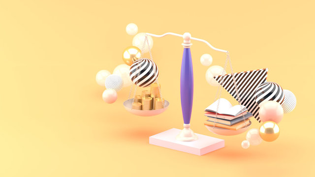 Books and money on the balance scale surrounded the colorful balls on the orange background.-3d rendering.