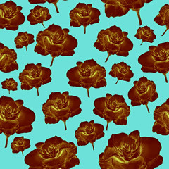 Golden roses on the blue background. Graphic illustration. Seamless pattern.