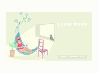 A woman in a hammock with a laptop is resting and working in an apartment. Vacation at home. The concept of work at home, home rest, quarantine, online training. Vector illustration with copy space.