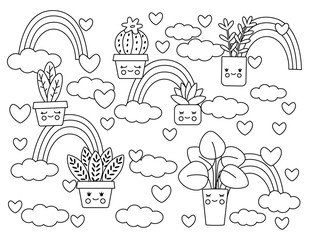 A simple coloring book for kids with kawaii flowers, rainbows, clouds. Contour, silhouette of indoor, domestic plants with eyes. Funny cute vector illustration.
