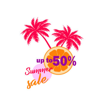 Stylish flyer flyer summer sales up to 50%. Summer discounts and sales - vector template. Silhouette of palm trees and slice orange flat design