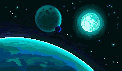 Pixel galactic background with the bright planet and a lot of stars  © Asia