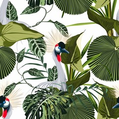 Exotic birds, monstera palm leaves, white background. Floral seamless pattern. Tropical illustration. Exotic plants, birds. Summer beach design. Paradise nature.