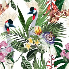 Naklejka premium Exotic birds, passion flowers, monstera palm leaves, white background. Floral seamless pattern. Tropical illustration. Exotic plants, birds. Summer beach design. Paradise nature.