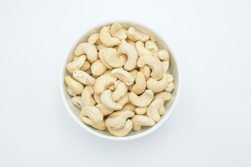 Cashew nut shot on a white isolated background.