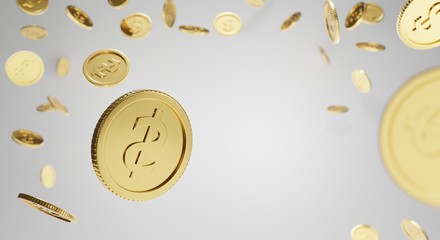 3D, Rendering. Realistic Gold coins explosion. Flying and Many gold dollar coins Floating in the air. There is space for the copy space. With a shallow depth of field.