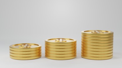 3D Render. Gold coins lined up or stack at different heights. There is light reflected on the coin on the white scene. The concept of money growth in accounts saving money that is increasing steadily
