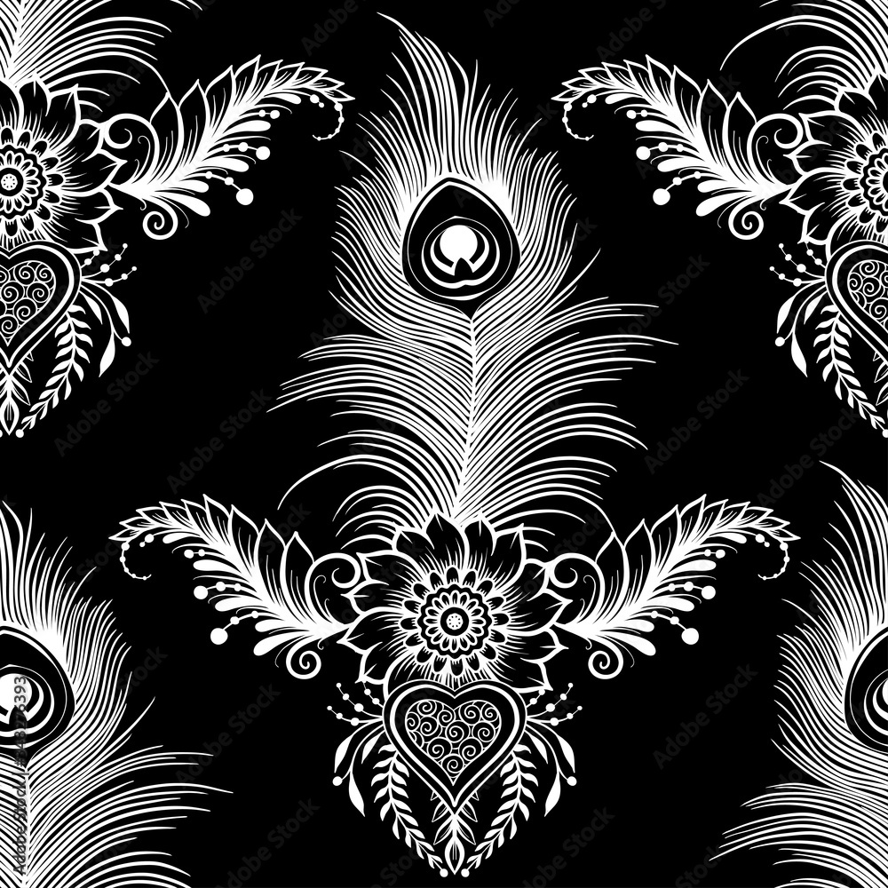 Wall mural Peacock feathers in eastern ethnic style, mehendi, traditional indian henna floral ornament. Seamless pattern, background in lack and white. Vector illustration. - Wall murals