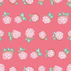 Wild fruits with leaves pattern illustration. Pink berries seamless vector background.