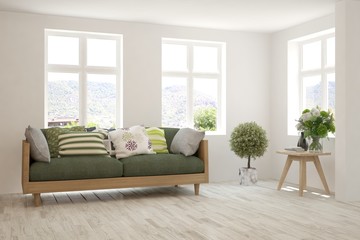 White living room with sofa. Scandinavian interior design. 3D illustration