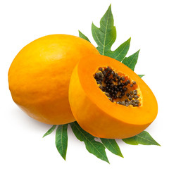 Delicious tropical papaya fruits with leaf isolated on white background with clipping mask
