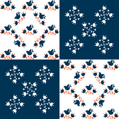 Abstract floral seamless pattern on white background.Scandinavian and folk design.vector illustration with dark blue and red flowers.Flat style. Design of fabric, packaging and branding.minimalism.