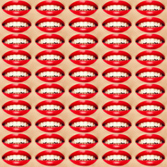 Smile of femme fatale concept. Pop-art collage of perfect shiny smiling mouth. Healthy clean white teeth. Studio shot