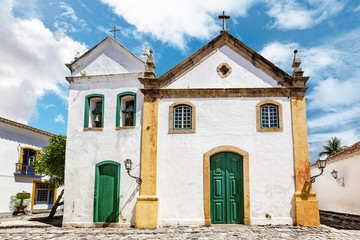 Old church of Our Lady of the Rosary and St. Benedict built in the 18th century, the year 1755 colonial architecture in the historic city of Paraty, Rio de Janeiro