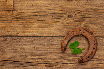Very old cast iron metal horse horseshoe, fresh clover leaf. Good luck symbol, St.Patrick's Day concept