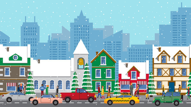 Busy city life. Urban panoramic view at winter city. Cars riding in line, snowy weather. People wearing warm clothes walking along road. Colorful buildings at background. City landscape in flat style