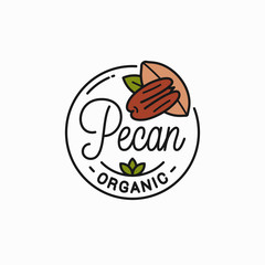 Pecan nut logo. Round linear of pecan on white - obrazy, fototapety, plakaty
