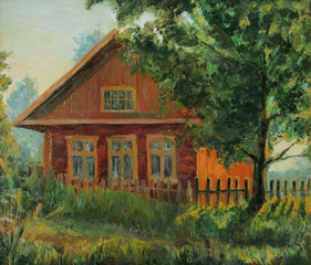 Old country house, evening landscape, oil painting