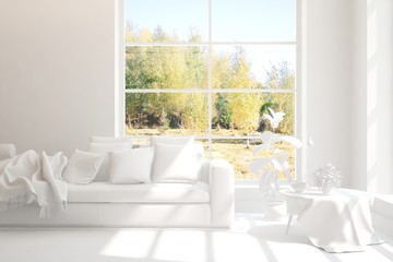 White minimalist living room with sofa. Scandinavian interior design. 3D illustration