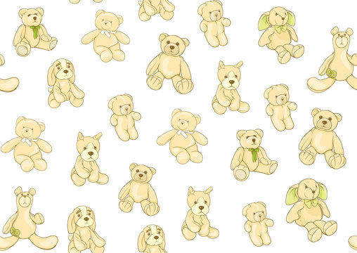 Teddy bears, hare and dogs stuffed hand maade toys. Seamless pattern. Colored vector illustration. Isolated on white background. © Elen Lane