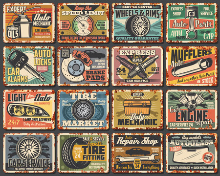 Car service rusty metal plates, vintage rust signs. Mechanic garage station vector grunge posters, transportation advertising signs. Car engine repair station, vehicle spare parts shop, rusty plates