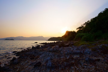 sunset at the coast. Sam Mun Tsai, Yim Tin Tsai, Tai Po, Hong Kong. Hong Kong UNESCO Global Geopark.