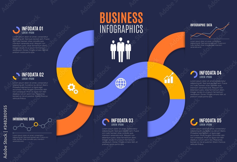 Poster Business infographics with chart and graph vector elements. Information steps visualization diagrams and statistics flowchart information. Business infographics presentation, businessman silhouettes