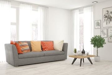 White living room with sofa. Scandinavian interior design. 3D illustration