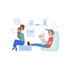 Man and woman watch news on tablets, maintain social distance, or work remotely