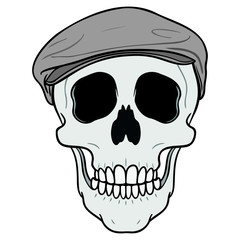 Fototapeta premium gray vector skull with gray french cap on the head. beret, frontal, isolated, white background, cartoon.