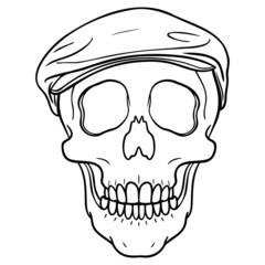 monochrome hand drawn vector skull with french cap on the head. beret, frontal, isolated.