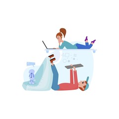 Man and woman watch news on tablets, maintain social distance, or work remotely