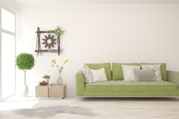 Obraz premium White living room with sofa. Scandinavian interior design. 3D illustration