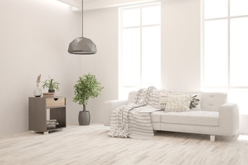 White living room with sofa. Scandinavian interior design. 3D illustration