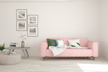 White living room with sofa. Scandinavian interior design. 3D illustration