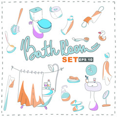 Set of stickers hand drawing bathroom and toilet room and personal care accessories. Bath, toilet, washbasin. Vector drawing isolated on white background.