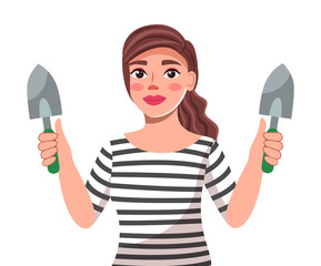 Vector character at white background. Young beautiful brunette woman with long hair holding two shovels in hands. Portrait of cute female wearing striped t-shirt and with gardening tools in hands