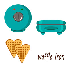 Of waffles-iron and waffles. Vector illustration on a white background. Illustration with text for logo, icons.