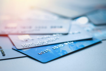 Several credit or debit bank cards - obrazy, fototapety, plakaty