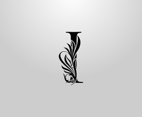 I Letter Classic Heraldic logo. Graceful Floral Alphabet Mark for book design, letter stamp, weeding card, brand name, business card, Restaurant, Boutique, Hotel.