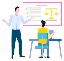 Business and legislation, legal advice service vector. Businessman and judicial person, laptop and infographic with check marks and scales, consulting