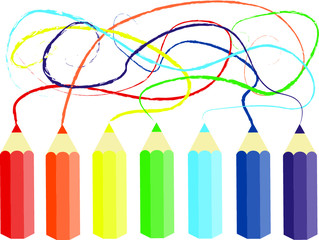 Colored pencils with traces of drawing on a white background. All colors of the rainbow