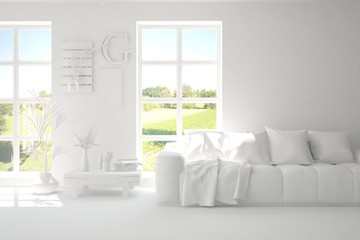 White minimalist living room with sofa. Scandinavian interior design. 3D illustration