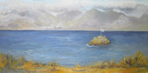 Crete view with mountains and the blue sea, oil painting